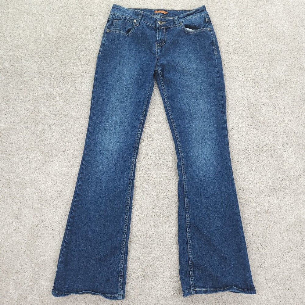 V Blue Jeans Womens 7/8 Blue Flare Boot Cut Stretch Thick Stitch Embroidered